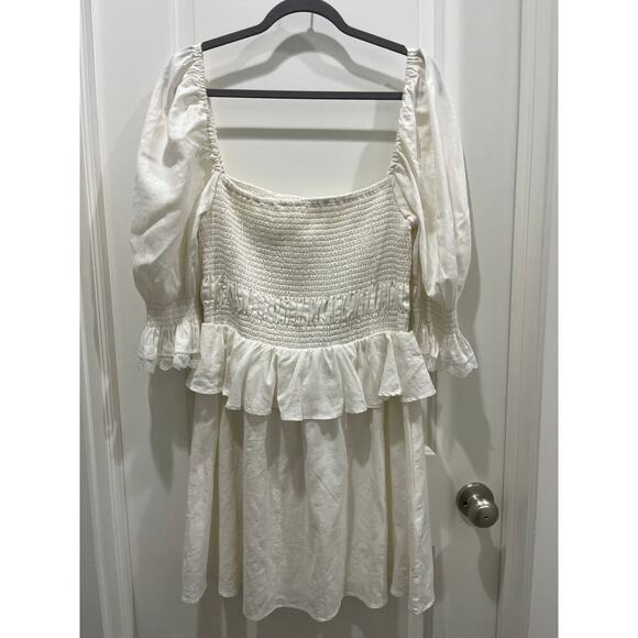 LPA x Revolve White Vivia Linen Blend Puff Sleeve Mini Dress Sz XL - Picture 2 of 11